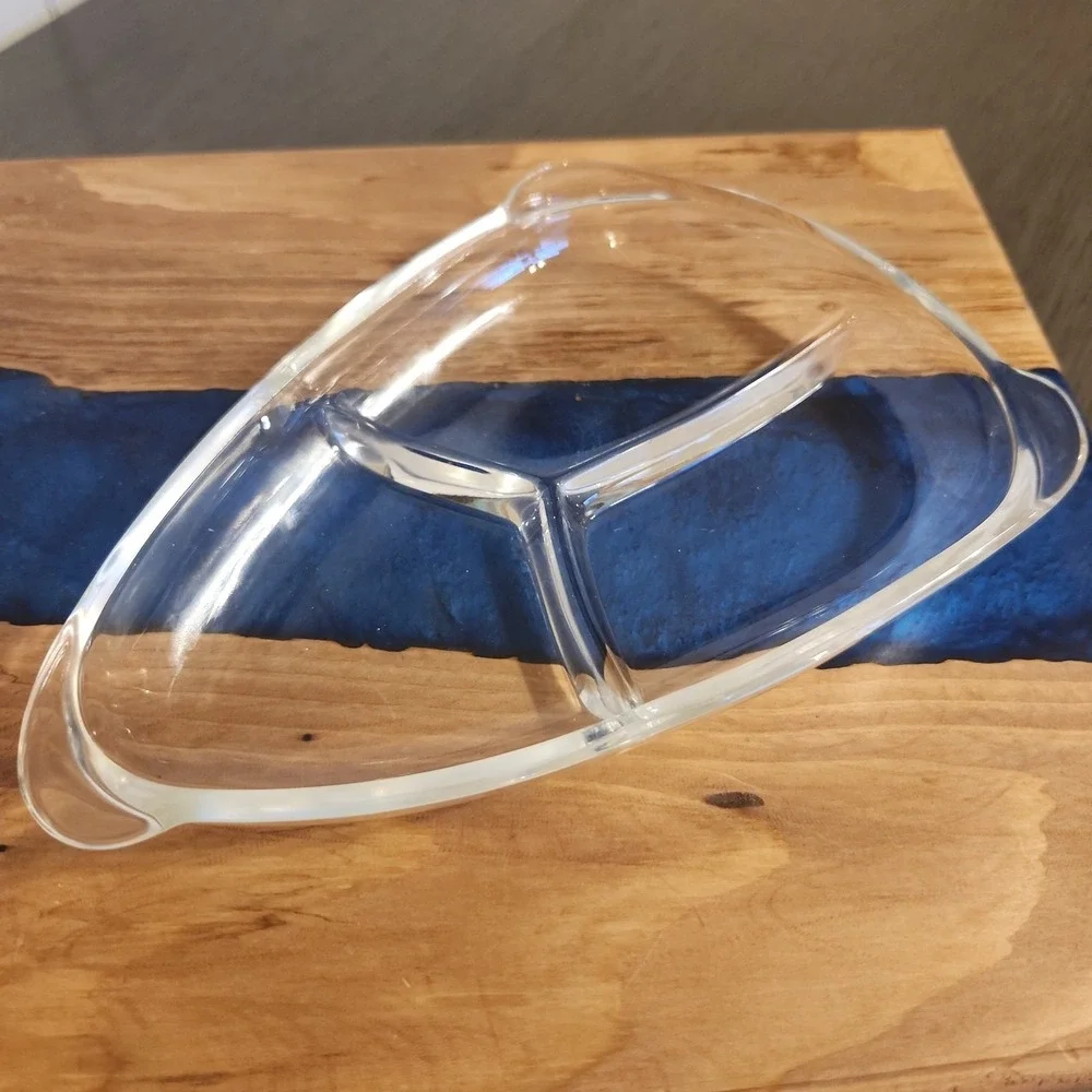 Vintage Mid-Century Modern Boomerang Divided Serving Relish Glass Dish Clear
